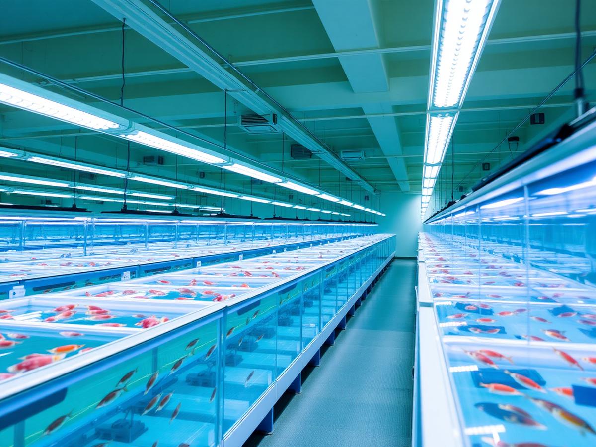 Rows of commercial tropical fish breeding tanks in the A1 Tropicals facility